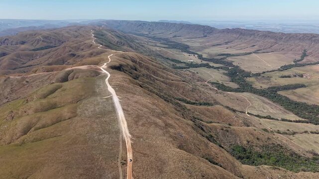 Aerial view of Caminho do C&eacute;u, a scenic road that follows the mountain ridge in the region of Delfin&oacute;polis, in Serra da Canastra, Minas Gerais, Brazil