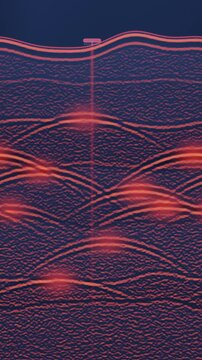 Ground Penetrating Radar B-Scan Section With Glowing Diffraction Hyperbola Echoes, Seamless Loop in calm amber tones vertical 9:16