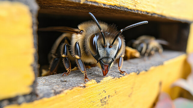 Close-up Macro Shot of a Honeybee Entering a Hive, Detailed Insect Anatomy, Pollination Concept