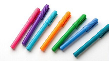 Fototapeta premium Six colorful marker pens arranged diagonally on a clean white surface. Variety of bright hues for drawing and writing. Stationery supplies for art and education.