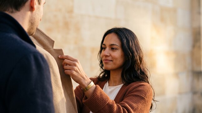 Affectionate young woman adjusting coat collar of her partner outdoors during warm golden hour light