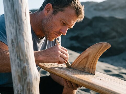 Focused craftsman brushing sand off a handmade wooden surfboard with fin on a sunny beach