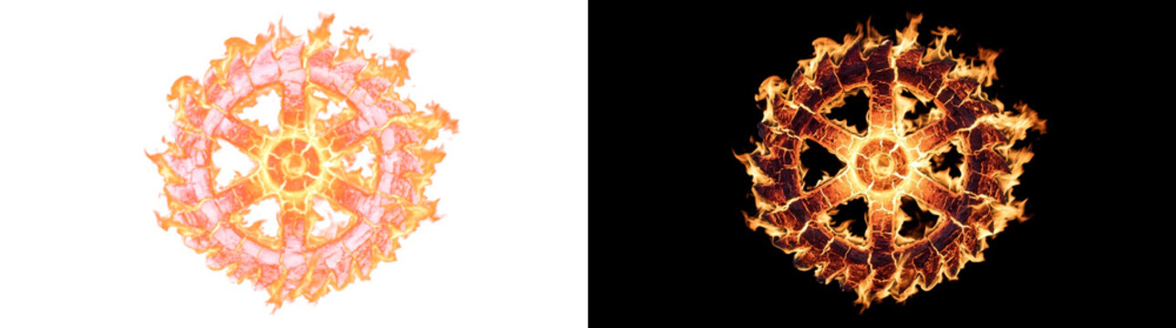 Molten ember spur rowel wheel with saw tooth spikes, burning effect cutout with real transparency