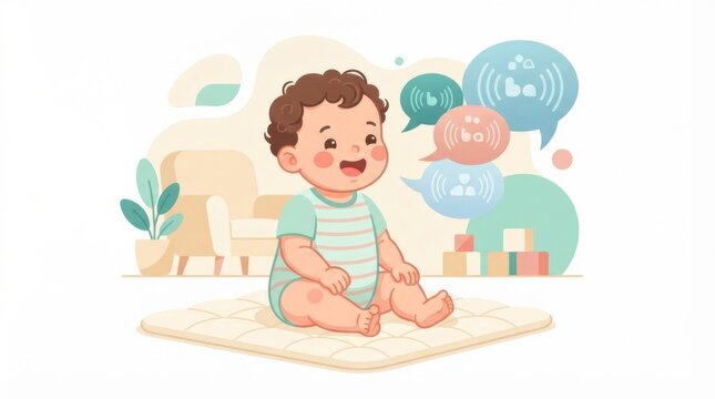 A baby sits on a soft mat and makes babbling sounds. Colorful speech bubbles appear around the baby. The setting features a cozy room with a couch.