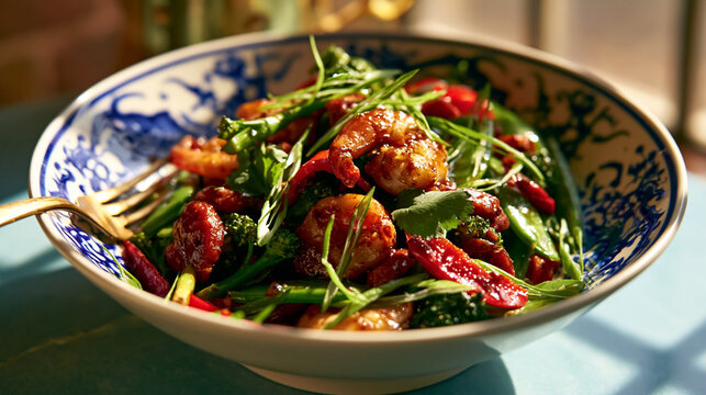 Shrimp stir fry with glazed prawns, broccoli florets, snap peas, and vibrant red bell peppers, garnished with fresh herbs in a ceramic bowl