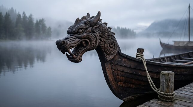 Wooden Viking Dragon Figurehead on Ship Bow in Foggy Lake