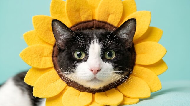 Tuxedo Cat Wearing Yellow Sunflower Collar Headpiece