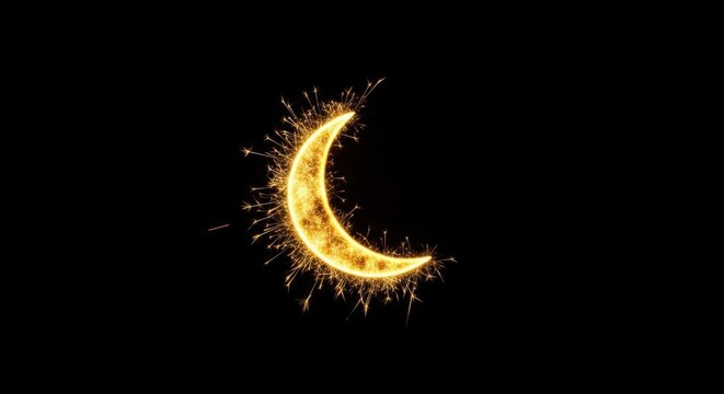 Golden sparkler in the shape of a crescent moon glowing against a solid black background with bright yellow firework sparks and light particles emitting from the edges.