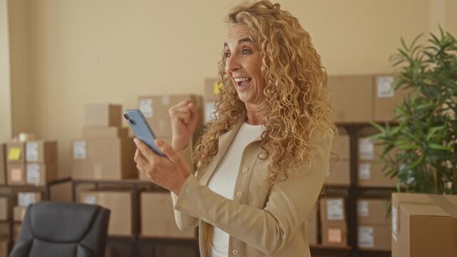 Woman holding smartphone, smiling and making fist pump amid stacked shipping boxes in a small warehouse building; small business success joy.