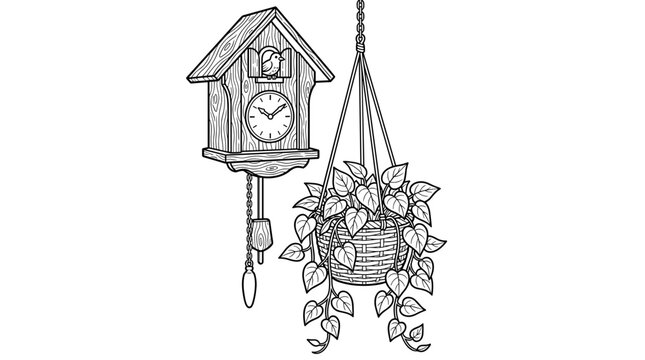Line art illustration of a wooden cuckoo clock with a bird and a hanging basket of ivy plant, isolated on white.
