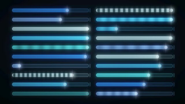 Glowing UI Progress Bars Filling in Staggered Rows Seamless Loop in calm cyan tones