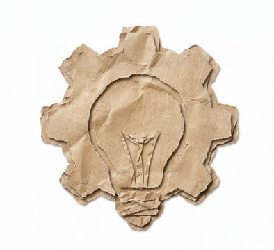 Crumpled Brown Paper Gear Shape with Light Bulb Cutout on White Background