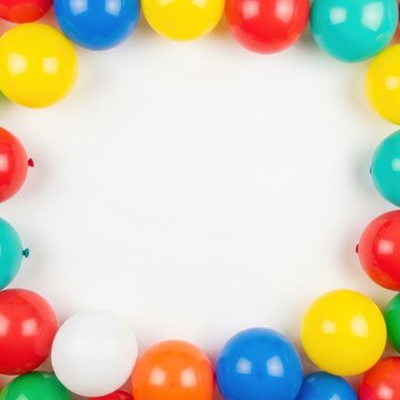Colorful inflated party balloons in red blue yellow green and orange colors forming a decorative square border frame around central white copy space on a plain background.