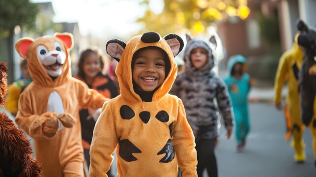 A group of kids in various animal costumes, happily parading through the neighborhood on Halloween.