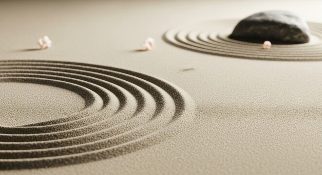 Close-up of a Japanese Zen garden featuring raked sand in concentric circles around a dark rock. Small pink cherry blossom petals are scattered across the textured beige sand surface.