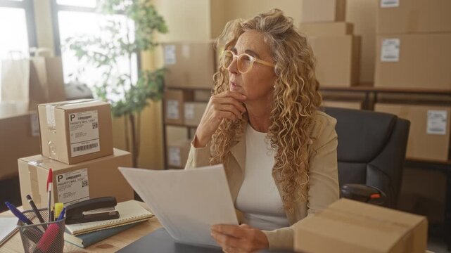 Woman reviews paperwork with hand on chin among stacked boxes at a shipping office building, reviewing orders and labels; planning contemplation organization.
