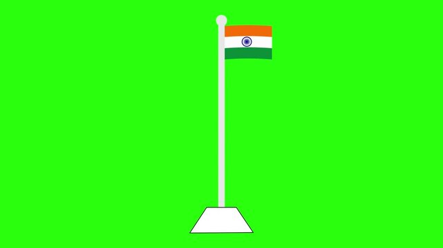 Waving flag of India raised on a flagpole against a green screen. Ideal for Indian Independence Day, Republic Day, or patriotic themes.