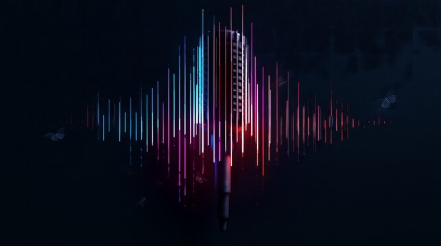 Classic Reggaeton retro microphone surrounded by neon sound wave lines on dark stage, ideal for podcast covers, broadcast promos, karaoke banners and music artwork