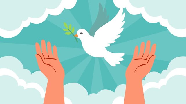 Peaceful dove carrying an olive branch above open hands, surrounded by soft clouds and radiant turquoise light, symbolizing peace, hope, freedom, harmony, compassion, unity, and global goodwill