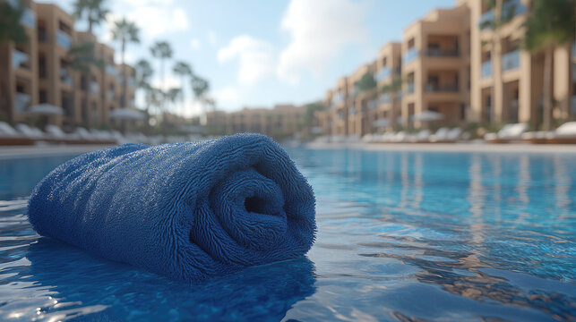 Rolled Blue Towel Floating in Swimming Pool Water with Resort Buildings and Palm Trees Background