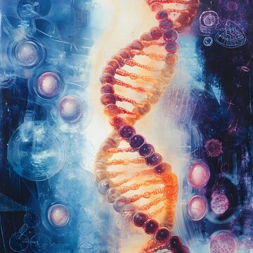 An abstract image of the moral complexities in embryo research, with DNA strands, embryos, and symbols representing ethical concerns in biotechnology and medical research.