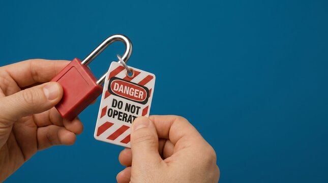 Hands holding lockout tagout padlock with danger do not operate tag