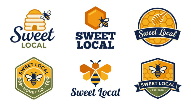 A delightful set of Sweet Local logos inspired by honey and bees, showcasing brand identity with a sweet, rustic charm for local honey producers.