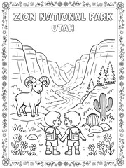 Fototapeta premium Zion National Park Utah coloring page for kids with bighorn sheep and hiking children