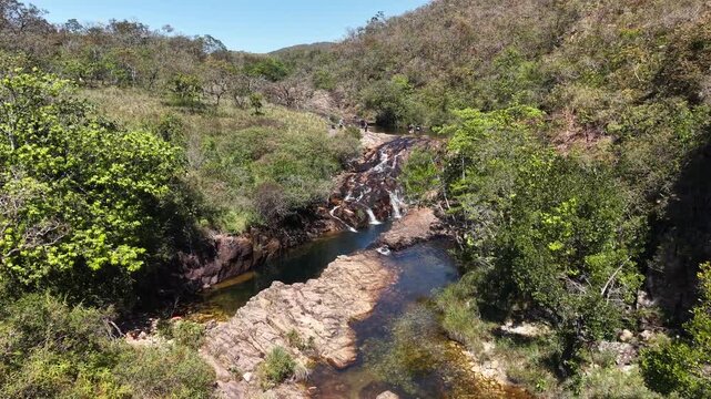 Drone view of river in the mountains of Serra da Canastra, in Minas Gerais