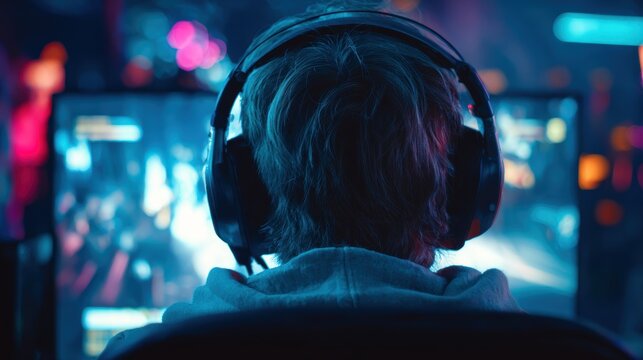 pro gamer man in headphones live streaming while playing online computer game, neon lights, esports,  gaming, monitor, play, young, player, internet, enjoyment, cyber,