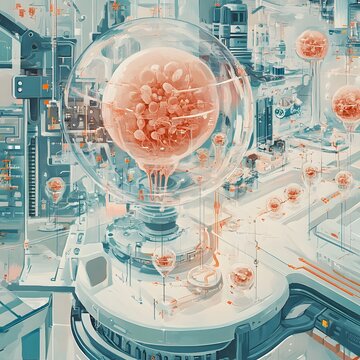 An illustration focusing on the intersection of moral philosophy and embryo research, with representations of embryos, DNA sequences, and ethical concerns in a futuristic lab setting.