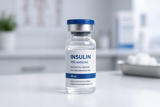 Insulin Medication Vial for Diabetes Treatment and Blood Glucose Management in a Clinical Healthcare Setting.