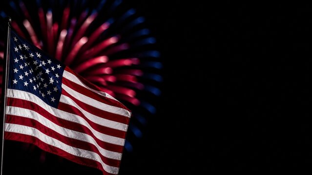A correctly proportioned United States flag on the left with exactly fifty stars in nine alternating rows of six and five and exactly thirteen stripes, a soft out-of-focus red and blue burst behind it