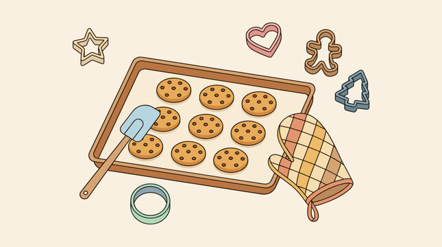 Freshly baked chocolate chip cookies on a baking sheet with cookie cutters and oven mitt, flat design vector illustration