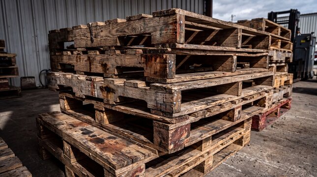 Stack of weathered wooden pallets stored in a warehouse for logistics