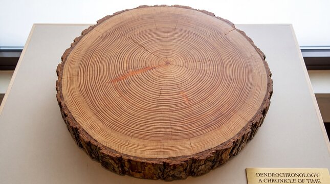 Circular tree trunk cross section showing annual growth rings in a museum