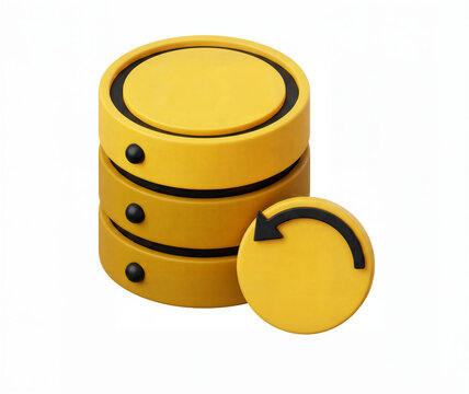 3D database backup icon, yellow server data recovery storage symbol