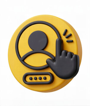 3D user login icon, hand clicking profile authentication button