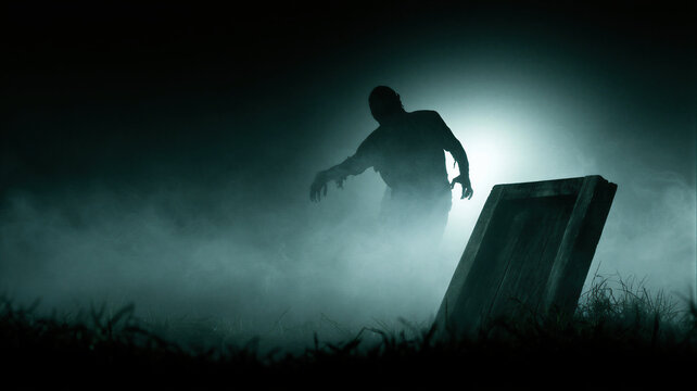 Zombie silhouette rising beside a gravestone in a foggy cemetery. Halloween horror scene with eerie backlight, supernatural resurrection, and atmospheric copy space for seasonal design.