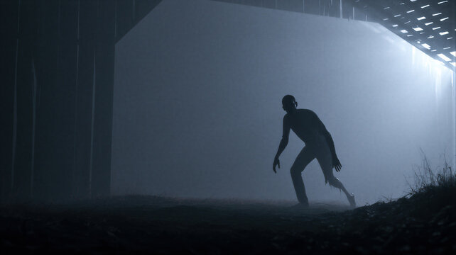 Terrifying zombie silhouette crawling through foggy darkness near an abandoned building. Halloween horror scene with eerie backlight, suspense and supernatural atmosphere.