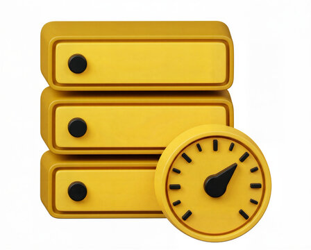 Database server speed icon, 3D yellow storage rack with performance gauge, web hosting concept