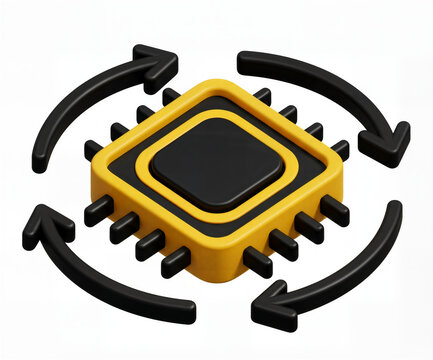 CPU microchip icon with rotating arrows, 3D processor update concept isolated on white background