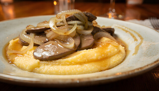 Venetian Fegato alla Veneziana. Venetian liver with slow-cooked onions, served with creamy polenta