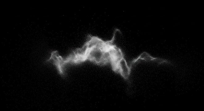 Abstract white powder particles and luminous dust floating in a wispy wave shape against a solid black background. Detailed spray of fine grains resembling smoke or a cosmic nebula.