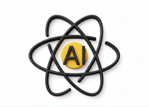 Artificial intelligence AI icon with atom orbits, 3D technology symbol on white background