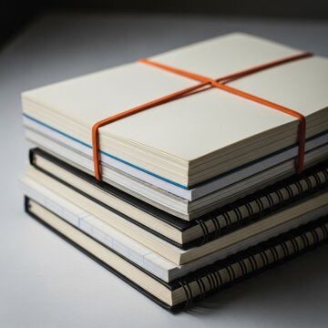 Close-up of a stack of various notebooks and journals featuring a top paper block secured with a cross-shaped orange elastic band, white pages, and black spiral-bound notebooks.