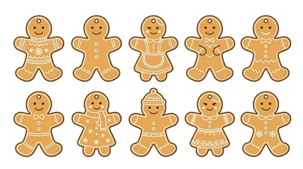 Fototapeta premium Collection of cute gingerbread cookies with various icing designs and holiday decorations for festive greeting cards
