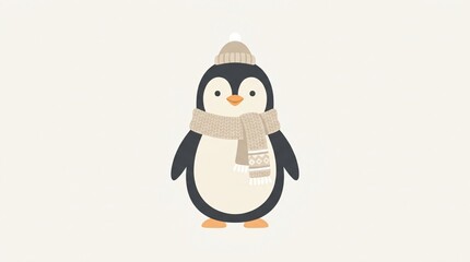 Obraz premium Cute minimalist penguin wearing a cozy winter knit hat and scarf, simple cartoon animal illustration on beige background
