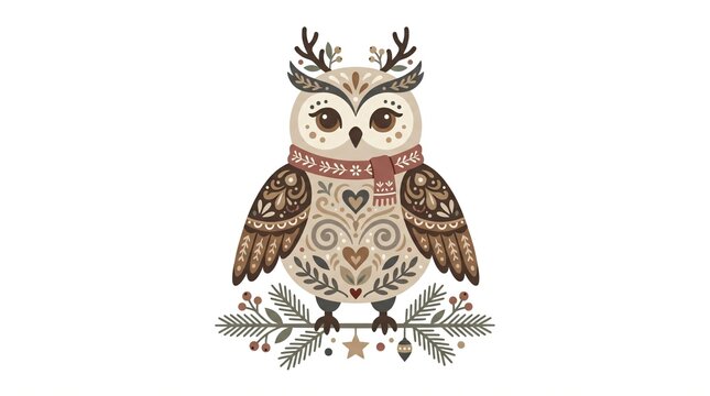 A charming decorative owl illustration featuring traditional folk art patterns, winter-themed details, and festive elements