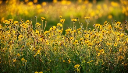 Fototapeta premium Field Of Dense Yellow Wildflowers With Green Grass Under Soft Daylight